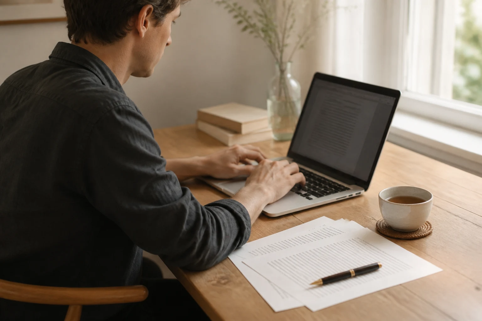 A desk in daylight: a laptop, a few printed pages and a pen