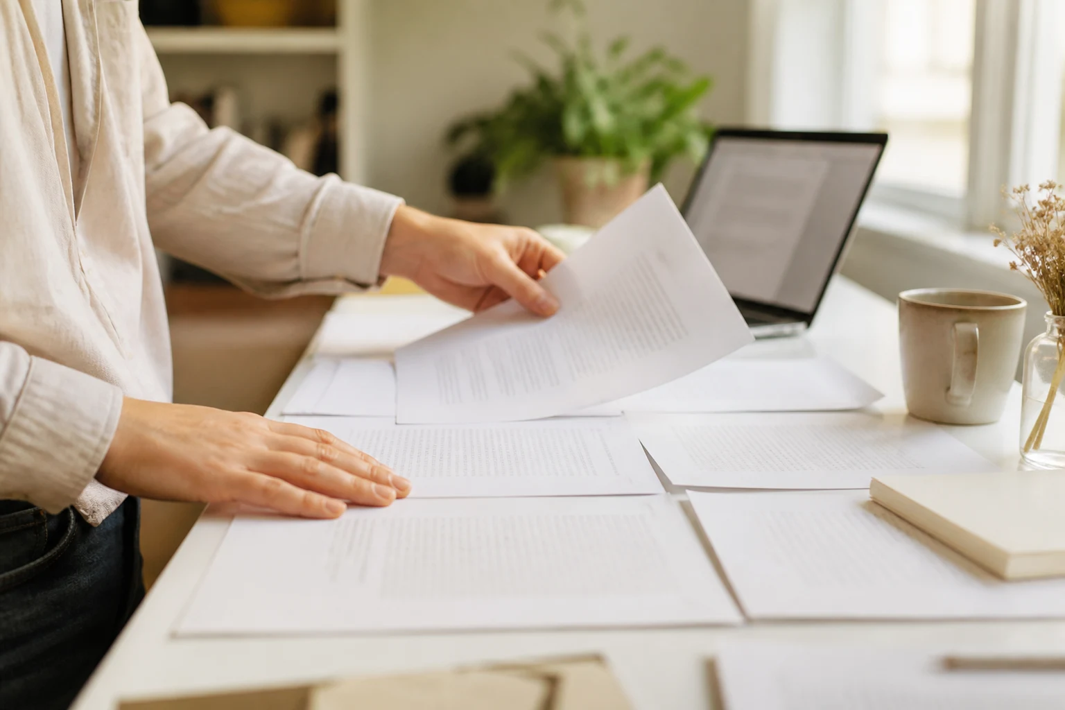 Printed pages laid out side by side on a bright desk, being put in order
