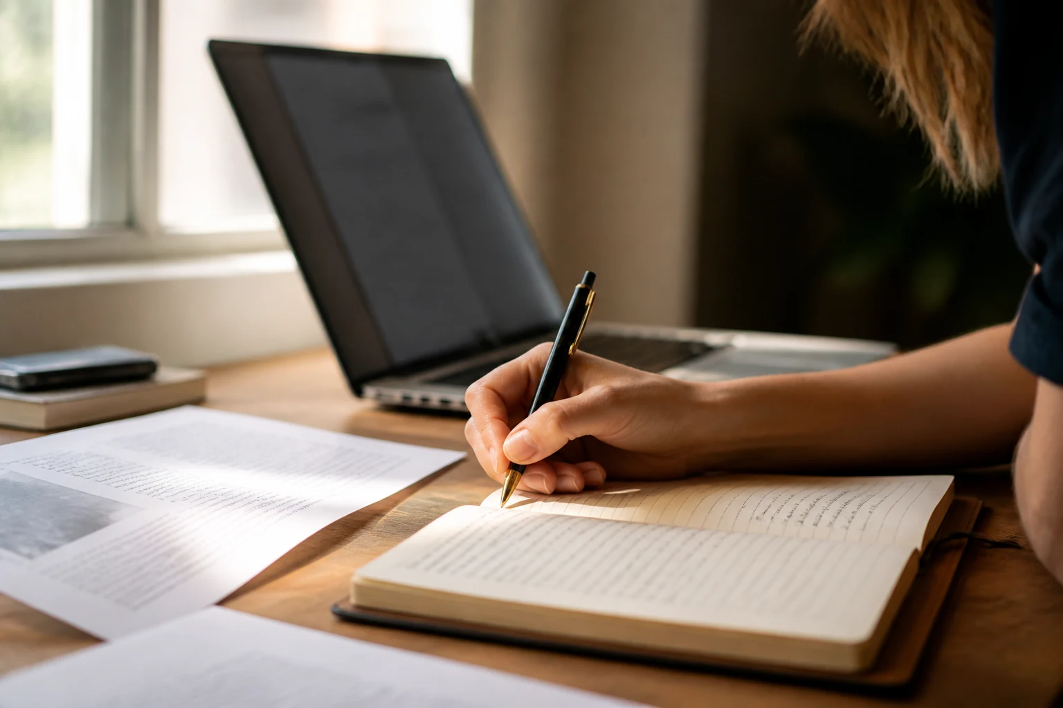 A hand writing in a notebook at a sunlit desk, a laptop open behind it
