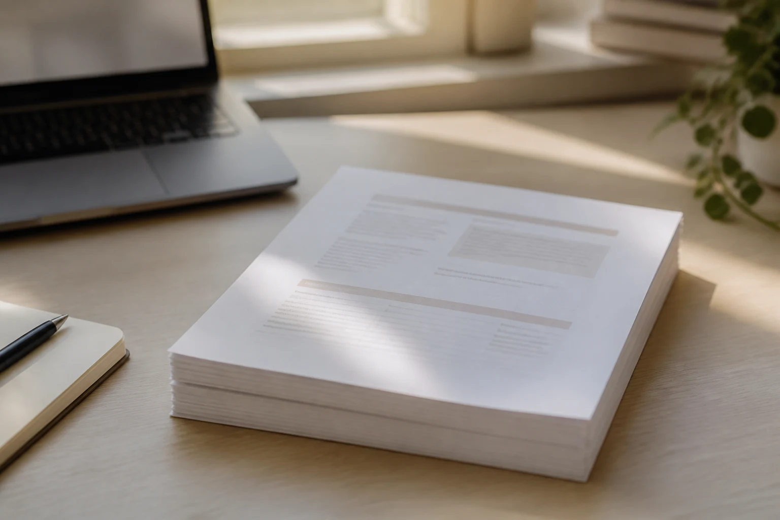 A neat stack of freshly printed pages on a sunlit desk beside a laptop